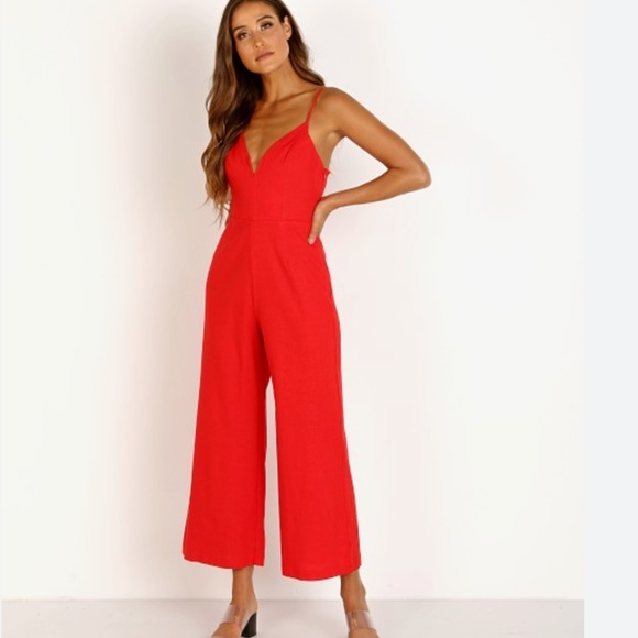 ASTR the Label Izzy Red Spagetti Strap Wide Leg Jumpsuit Romper, Medium - Picture 2 of 15